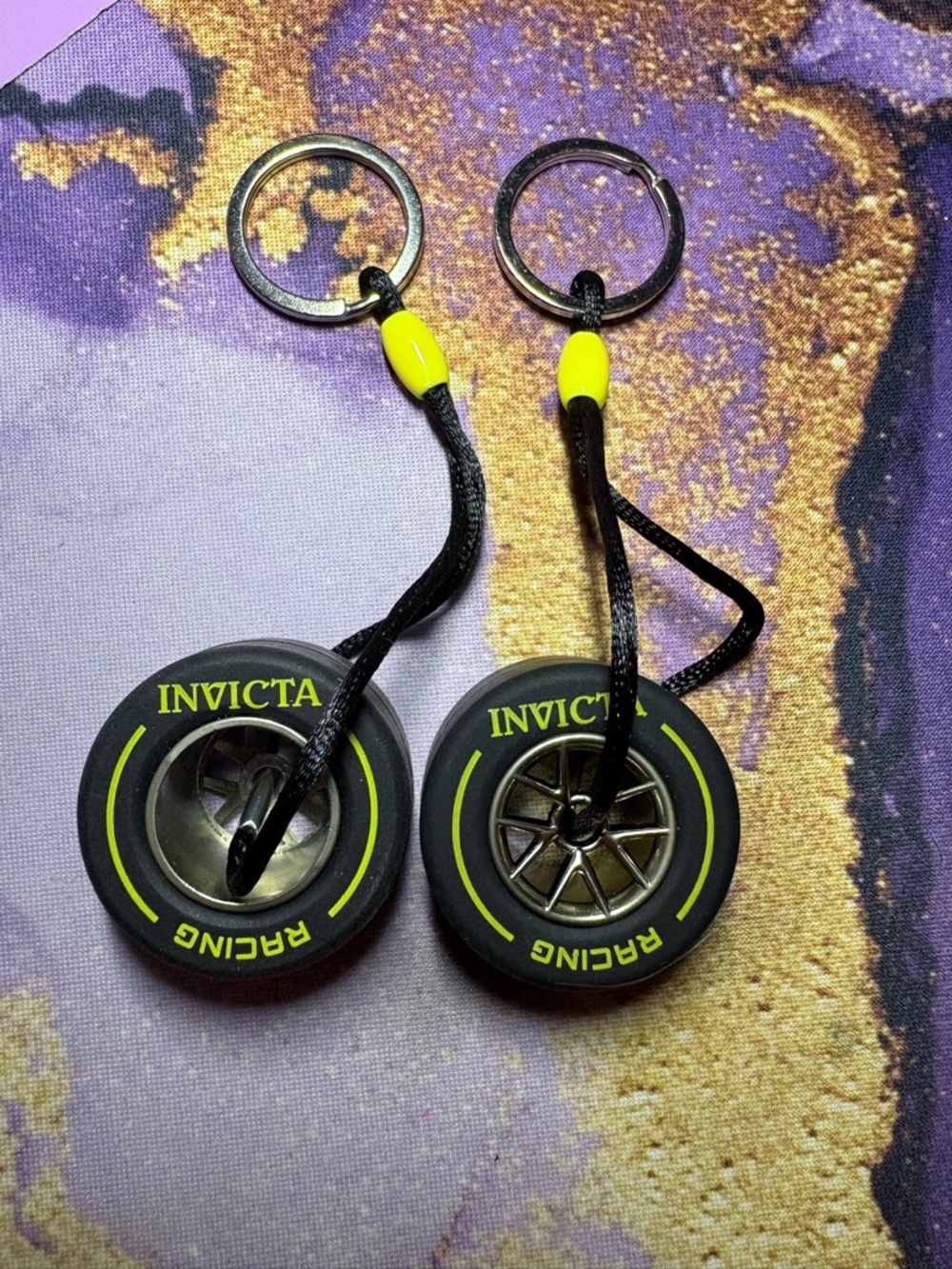 Invicta Black & Neon Yellow Tire Keychain Set of 2
